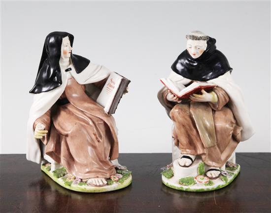 Two Chelsea porcelain figures of a nun and a monk, c.1755, height 13.3cm, both with slight restorations